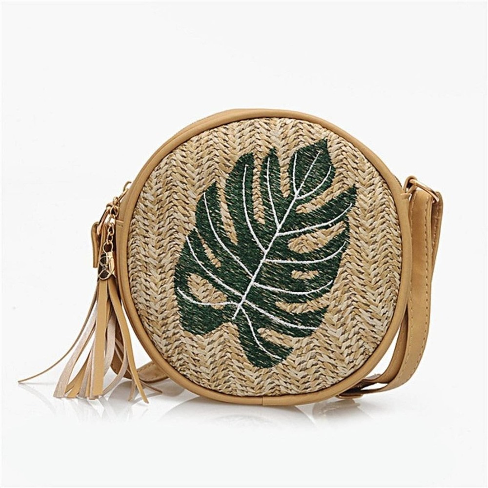 Sea La Vie Tan Woven Round Crossbody Bag with Green Leaf